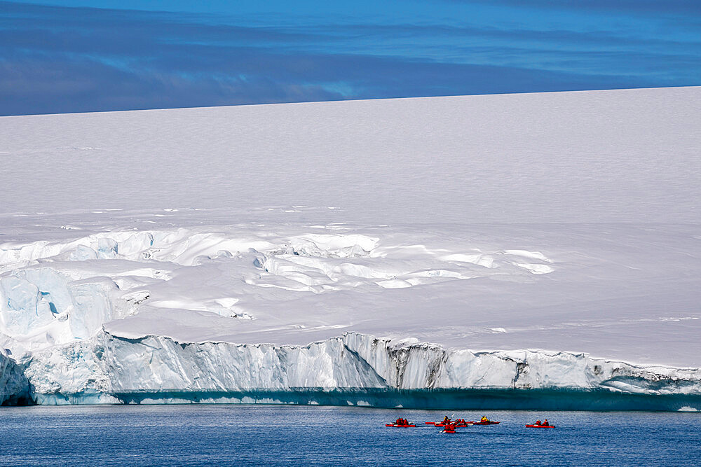 National Geographic Expeditions, Ponant guests kayaking along an ice cap edge, Larsen Inlet, Weddell Sea, Antarctica, Polar Regions