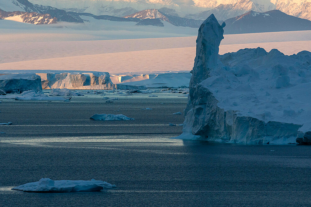 Icebergs at sunset in the Weddell Sea, Antarctica, Polar Regions