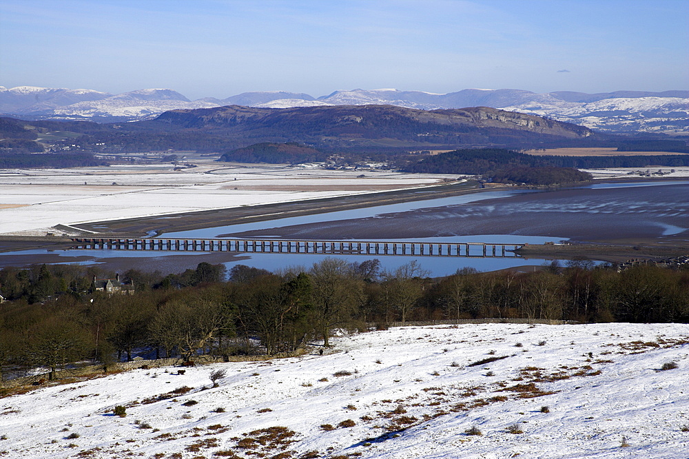 View of Lakeland fells and Kent estuary from Arnside Knott in snow, Cumbria, England, United Kingdom, Europe