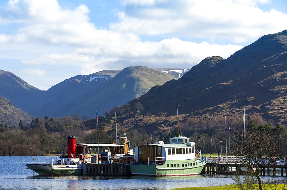 Two lake steamers await tourists at Glenridding Pier, Ullswater, Lake District National Park, UNESCO World Heritage Site, Cumbria, England, United Kingdom, Europe