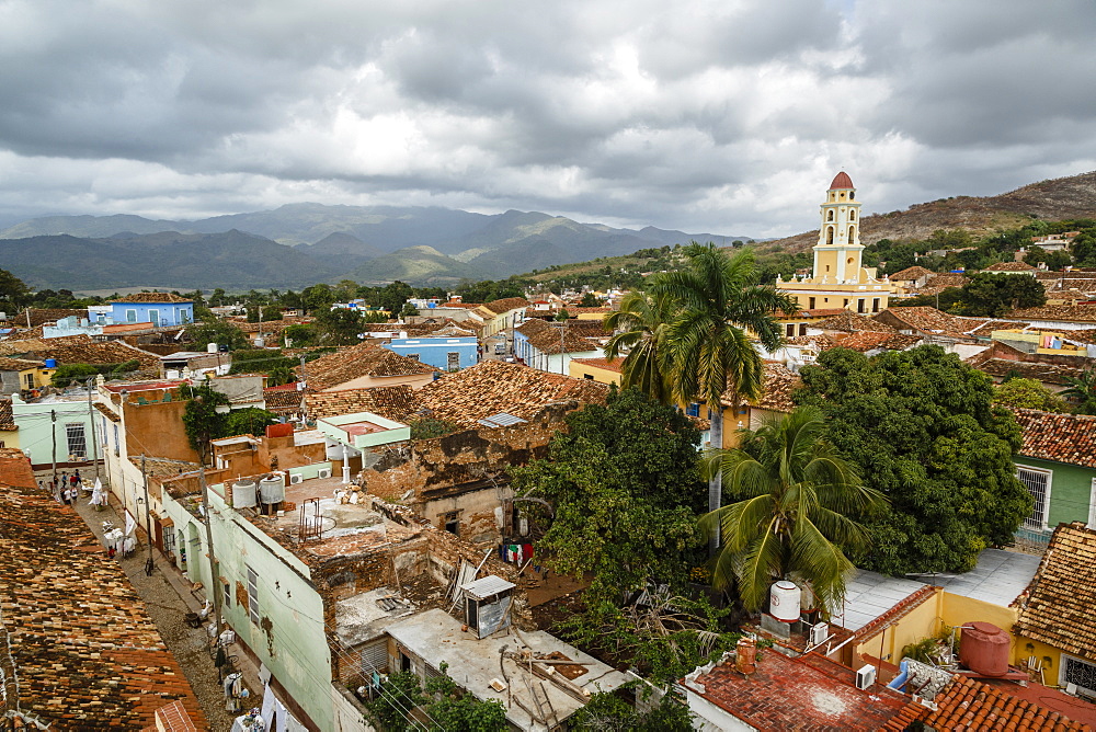 An elevated view of the terracotta roofs and the bell tower of the Museo Nacional de la Lucha, formerly Iglesia y Convento de Sa, Trinidad, UNESCO World Heritage Site, Sancti Spiritus Province, Cuba, West Indies, Caribbean, Central America