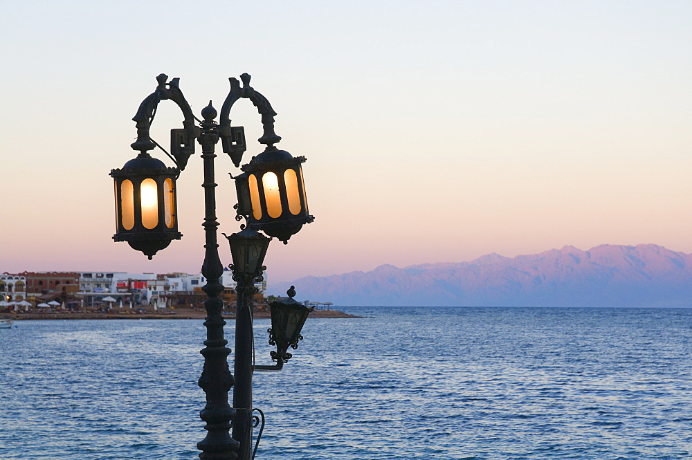 Lamp and Gulf of Aqaba, Asilah (Dahab), Sinai, Egypt, North Africa, Africa