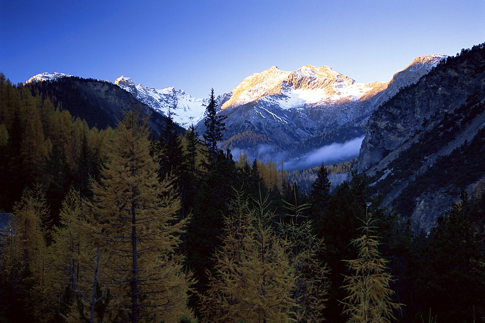 Piz Terza at sunrise, in autumn, Swiss National Park, Engadin, Graubunden canton, Switzerland, Europe