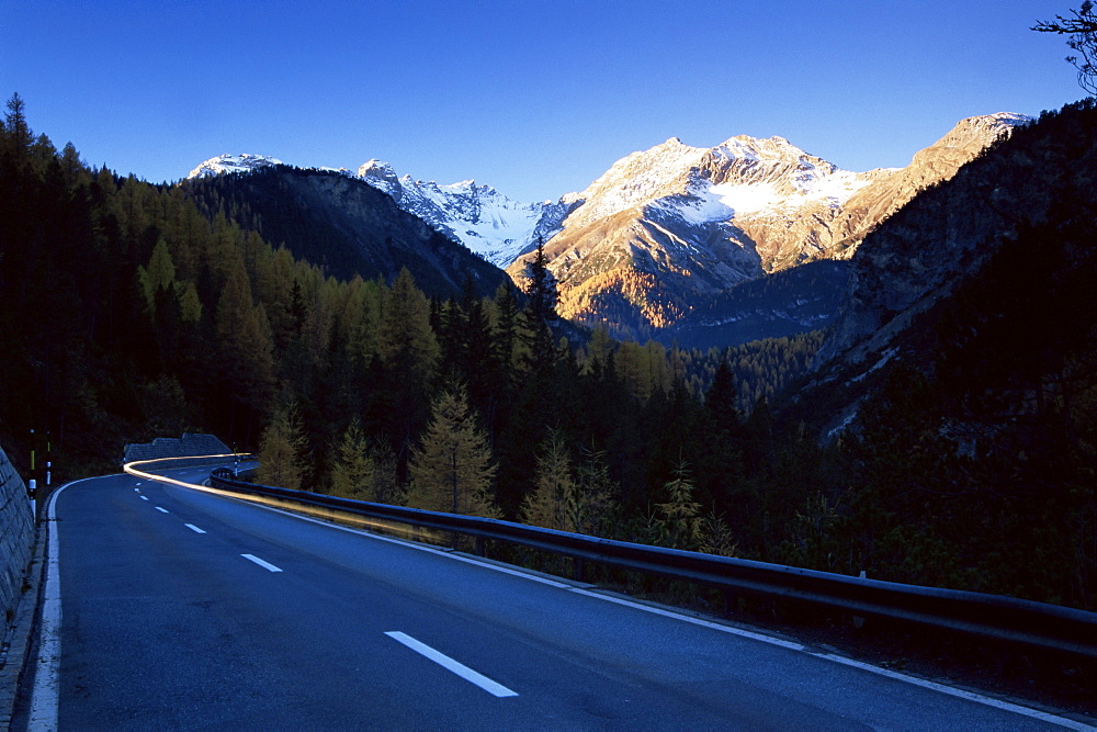 Piz Terza at sunrise, in autumn, Swiss National Park, Engadin, Graubunden canton, Switzerland, Europe