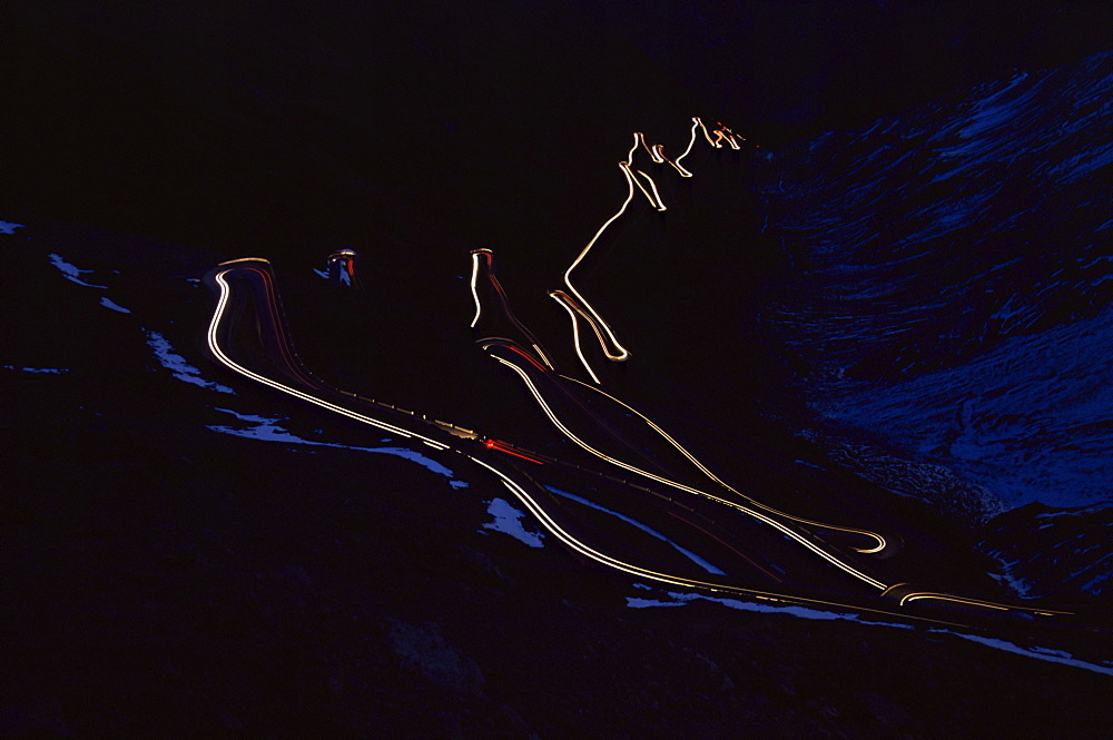 Stilfser Joch at night, with light trails, Stilfserjoch, Alps, Italy, Europe