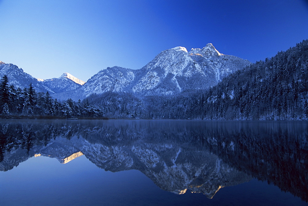 Schwansee in winter, later afternoon, Fuessen, Bavaria, Germany, Europe