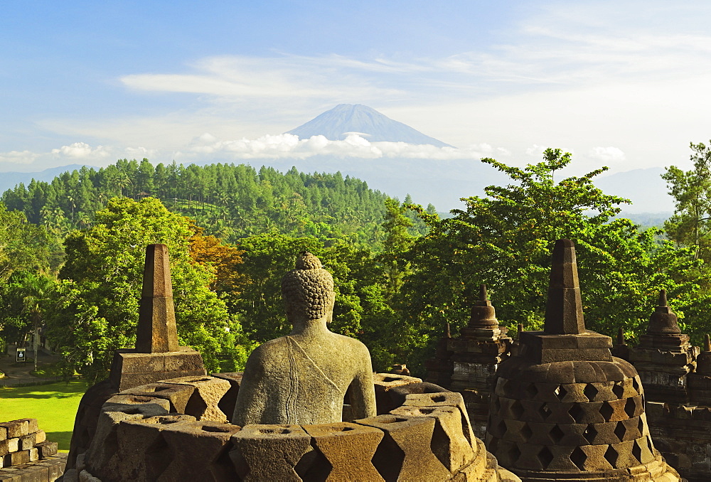 Borobodur, UNESCO World Heritage Site, with Mount Merapi in the distance, Kedu Plain, Java, Indonesia, Southeast Asia, Asia