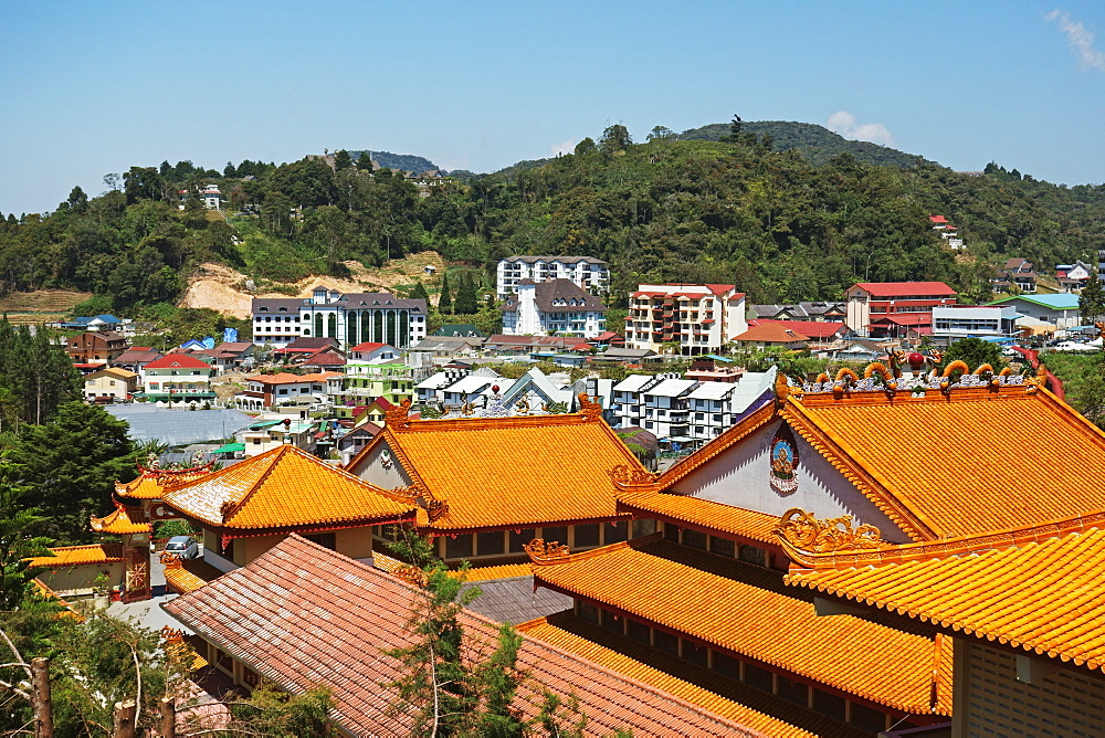 View of Brinchang Town and Chinese Temple, Cameron Highlands, Pahang, Malaysia, Southeast Asia, Asia