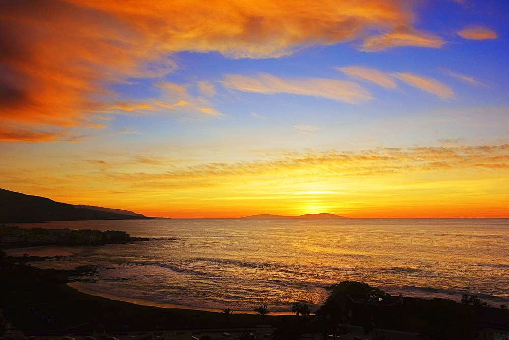 Sunset over Playa Jardin, Puerto de la Cruz, Tenerife, Canary Islands, Spain, Atlantic, Europe