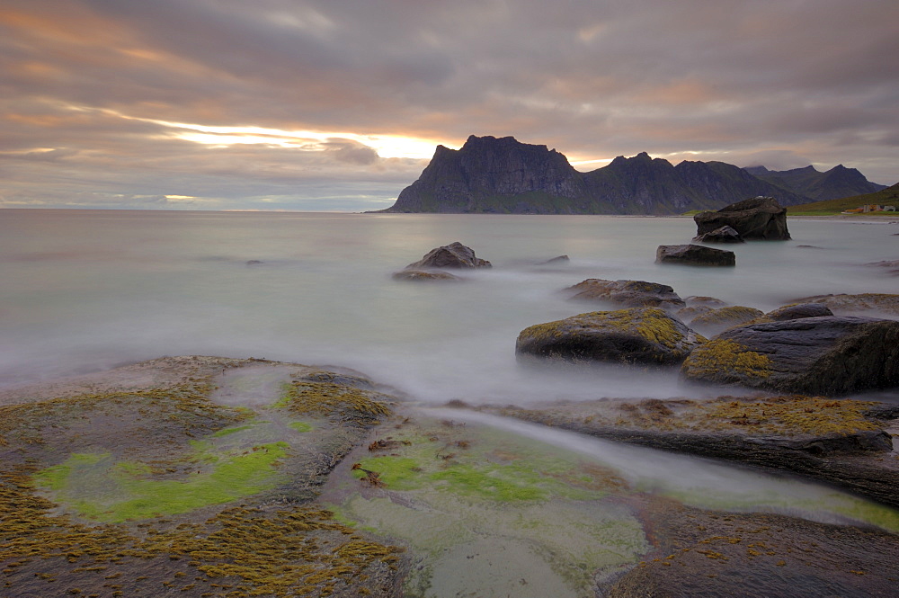 Sunset over Utakleiv, Vestvagoya, Lofoten Islands, Norway, Scandinavia, Europe