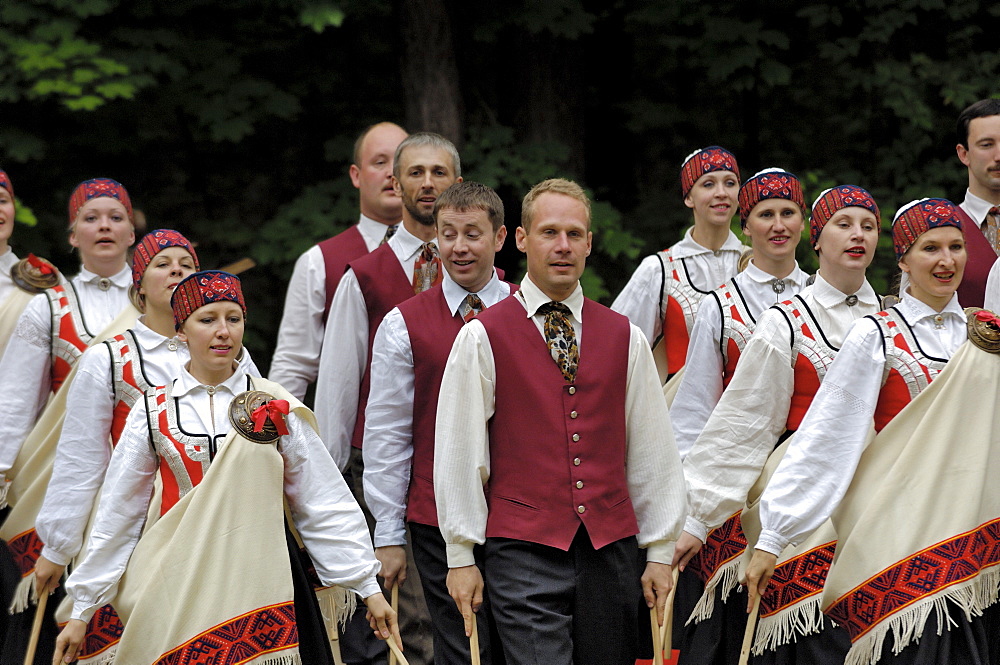 Traditional Latvian folk dancing, performed at the Latvian Open Air Ethnographic Museum (Latvijas etnografiskais brivdabas muzejs), near Riga, Latvia, Baltic States, Europe