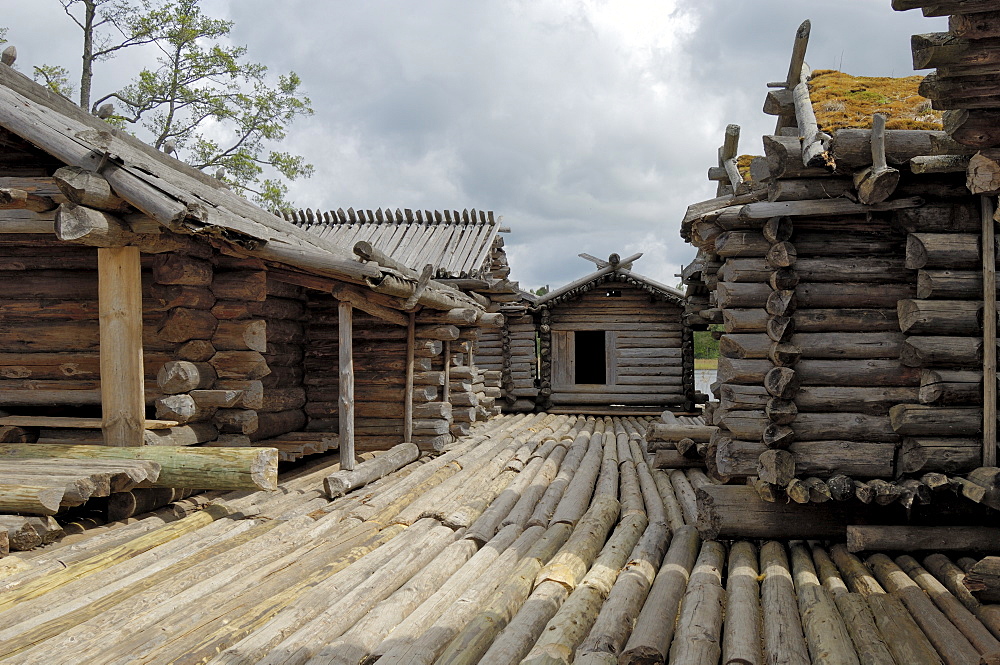 Araisi Lake Fortress, reconstruction of an iron age village in the middle of the lake, near Cesis, Gauja National Park, Latvia, Baltic States, Europe