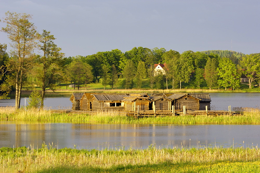 Araisi Lake Fortress, reconstruction of an iron age village in the middle of the lake, near Cesis, Gauja National Park, Latvia, Baltic States, Europe