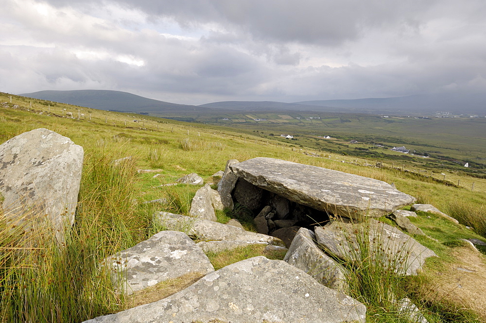 Megalithic tomb on the slopes of Slievemore mountain, Achill Island, County Mayo, Connacht, Republic of Ireland, Europe