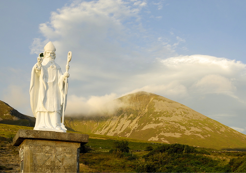 Statue of St. Patrick at the base of Croagh Patrick mountain, County Mayo, Connacht, Republic of Ireland, Europe