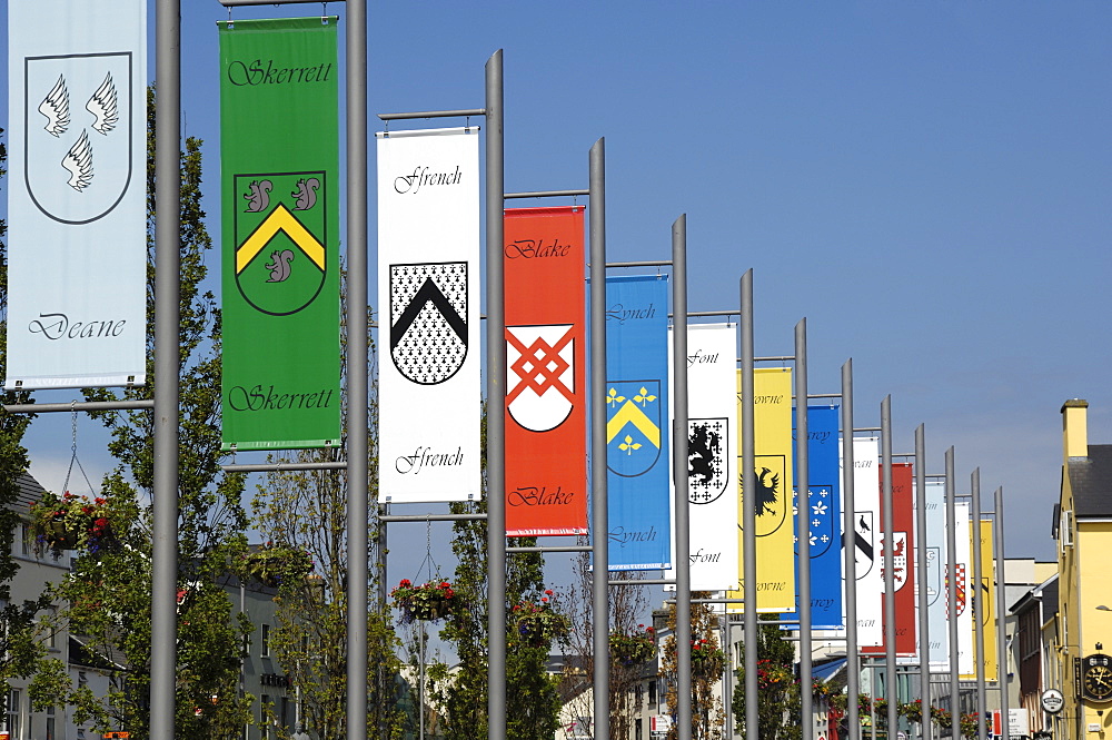 Pennants in Eyre Square representing the tribes (families) of Galway, County Galway, Connacht, Republic of Ireland, Europe