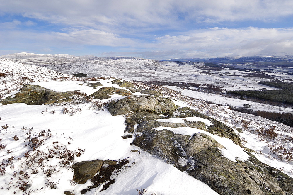 Spey Valley in winter, from Creag Bheag, near Kingussie, Highlands, Scotland, United Kingdom, Europe