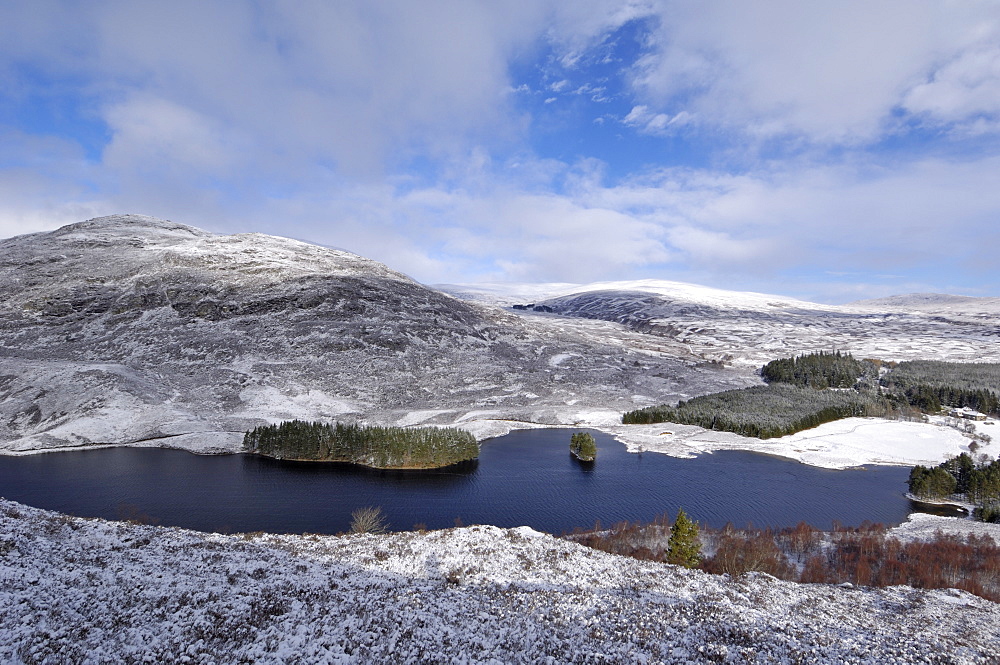 Loch Gynack and highlands in winter, from Creag Bheag, near Kingussie, Highlands, Scotland, United Kingdom, Europe