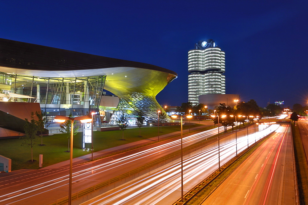 BMW Welt and Headquarters illuminated at night, Munich (Munchen), Bavaria, Germany, Europe