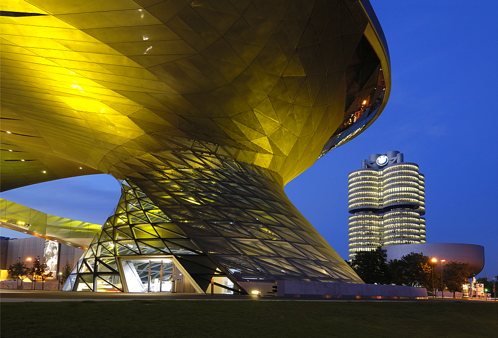 BMW Welt and Headquarters illuminated at night, Munich (Munchen), Bavaria, Germany, Europe