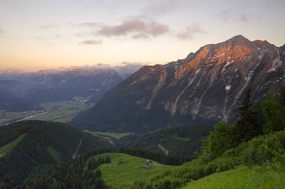 Hoher Goll mountain range seen from the Rossfeld Panoramastrasse (Rossfeldhoehenringstrasse or Panoramic Highway), Berchtesgaden, Bavaria, Germany, Europe