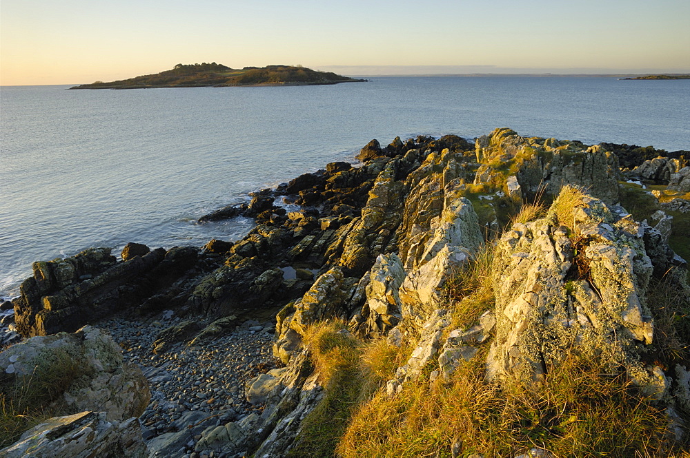 Dawn over the Solway Firth near Knockbrex and Carrick looking towards Ardwall Island, Dumfries and Galloway, Scotland, United Kingdom, Europe