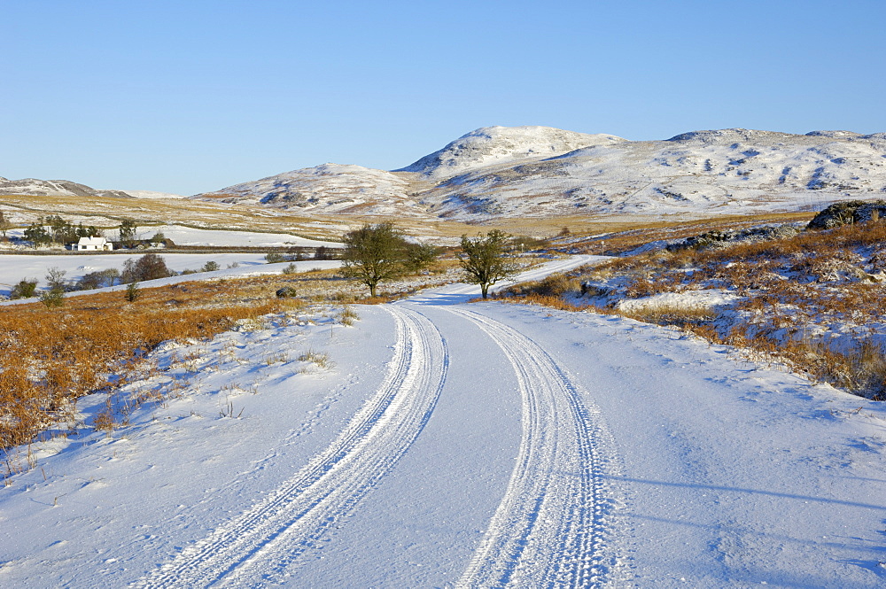 Road in winter snow, Dumfries and Galloway, Scotland, United Kingdom, Europe