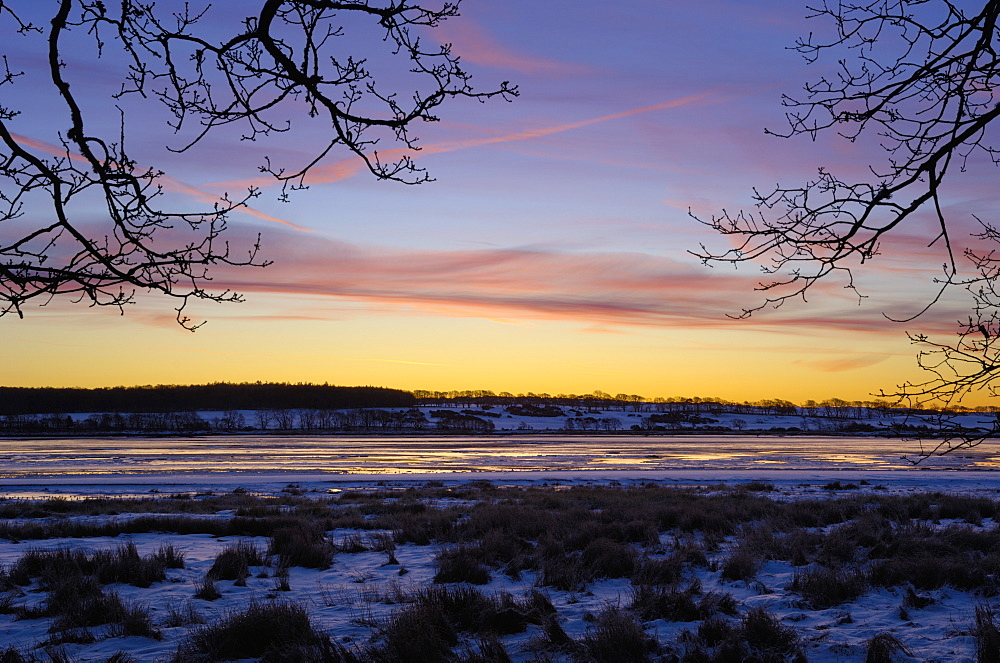 Fleet Bay in winter snow, Solway Firth, Dumfries and Galloway, Scotland, United Kingdom, Europe