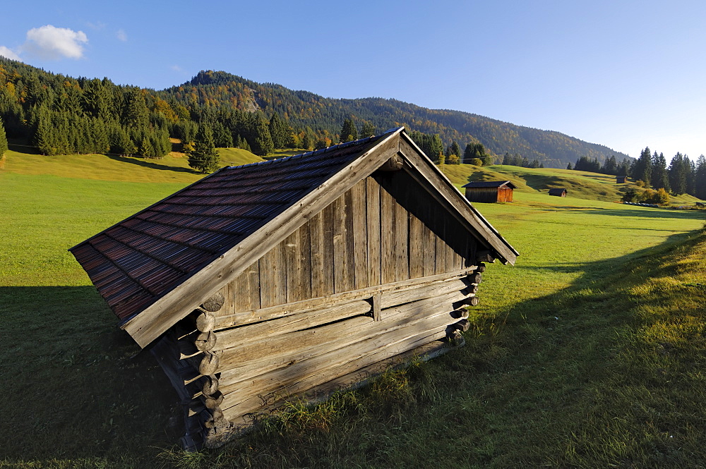 Wooden barns dot the alpine landscape, near Garmisch-Partenkirchen and Mittenwald, Bavaria (Bayern), Germany, Europe