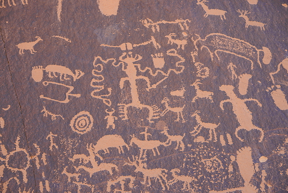 Ancient Indian rock art, petroglyphs, Newspaper Rock, near The Needles section of Canyonlands National Park, Utah, United States of America, North America