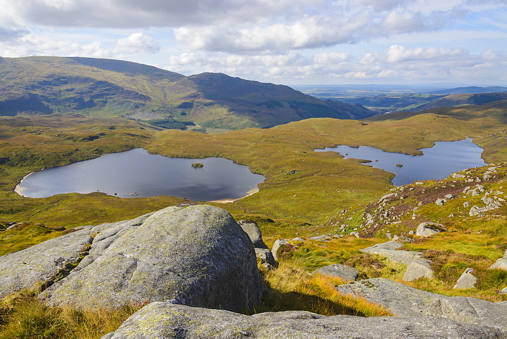 View over the Glenhead Lochs from Rig of the Jarkness, Galloway Hills, Dumfries and Galloway, Scotland, United Kingdom, Europe