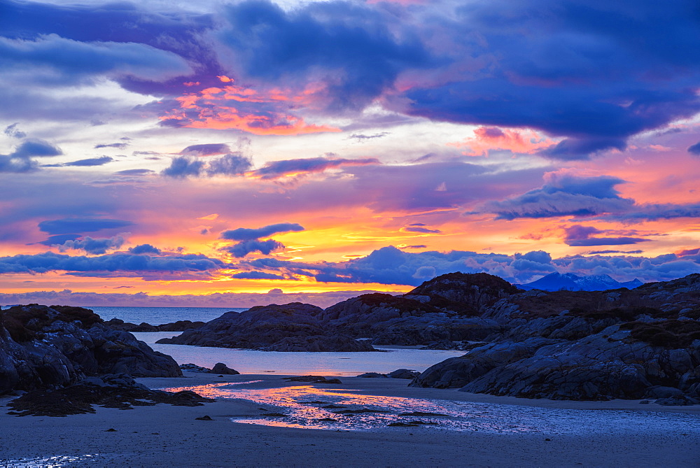 Sunset over Ardtoe Bay, Ardnamurchan Peninsula, Lochaber, Highlands, Scotland, United Kingdom, Europe