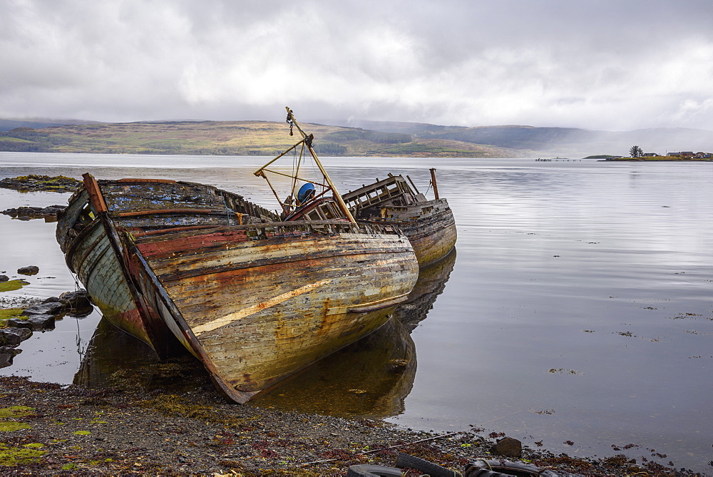 Wrecks of fishing boats, near Salen, Isle of Mull, Inner Hebrides, Argyll and Bute, Scotland, United Kingdom, Europe