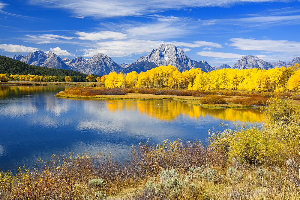 Mount Moran and the Teton Range from Oxbow Bend, Snake River, Grand Tetons National Park, Wyoming, United States of America, North America