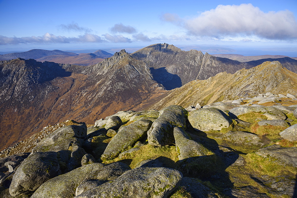 View of the Northern Mountains from the top of Goatfell, Isle of Arran, North Ayrshire, Scotland, United Kingdom, Europe