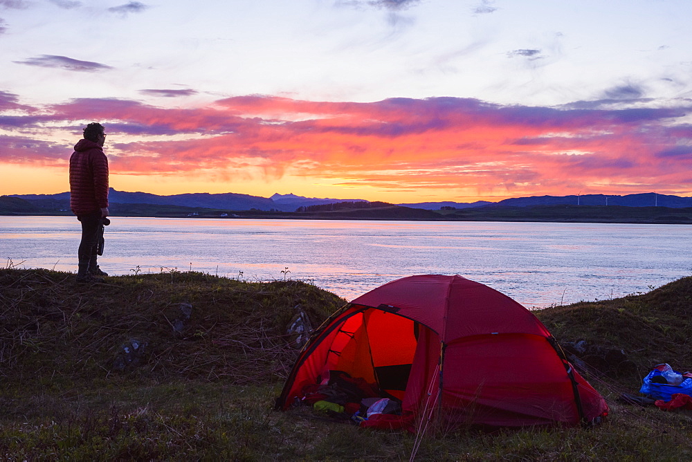 Wild camping, sunrise over the Inner Hebrides, from Scarba looking towards the Sound of Luing, Scotland, United Kingdom, Europe