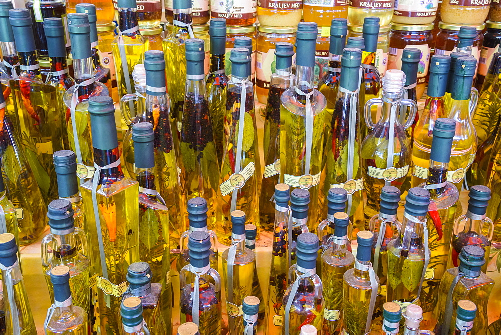 Olive oil bottles, Market, Trogir Old Town, Croatia, Europe