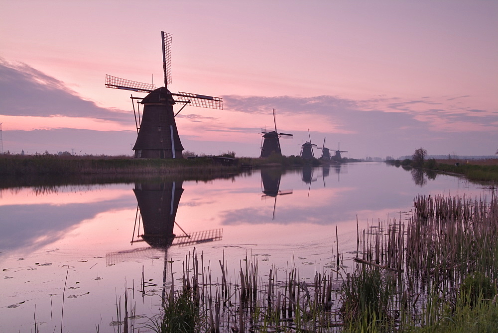 Windmills at Kinderdijk at dawn, near Rotterdam, Holland, The Netherlands