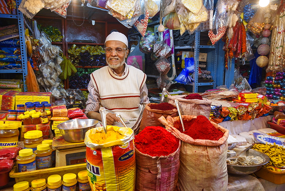 Vendor at stall in Krishnarajendra Market in Bangalore, Karnataka, India, Asia