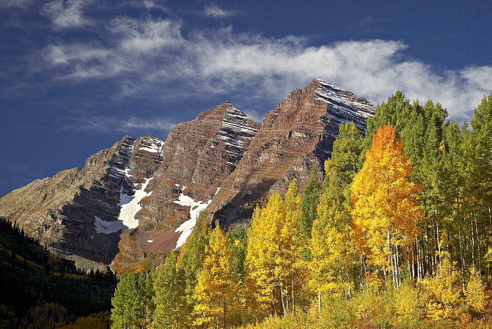 Maroon Bells with fall color, White River National Forest, Colorado, United States of America, North America