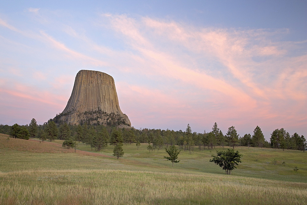 Devil's Tower at sunset, Devil's Tower National Monument, Wyoming, United States of America, North America