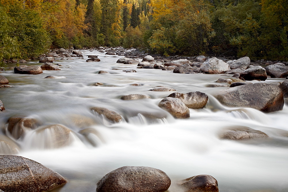 Cascades on the Little Susitna River with fall colors, Hatcher Pass, Alaska, United States of America, North America