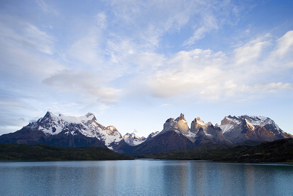 Paine Horns (Cuernos) on right, and Big Paine (Paine Grande) on left seen from Lago Pehoe, Torres del Paine, Patagonia, Chile, South America