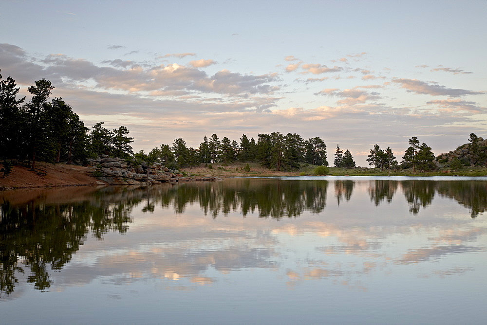 Bellaire Lake at sunset, Red Feather Lakes District, Roosevelt National Forest, Colorado, United States of America, North America