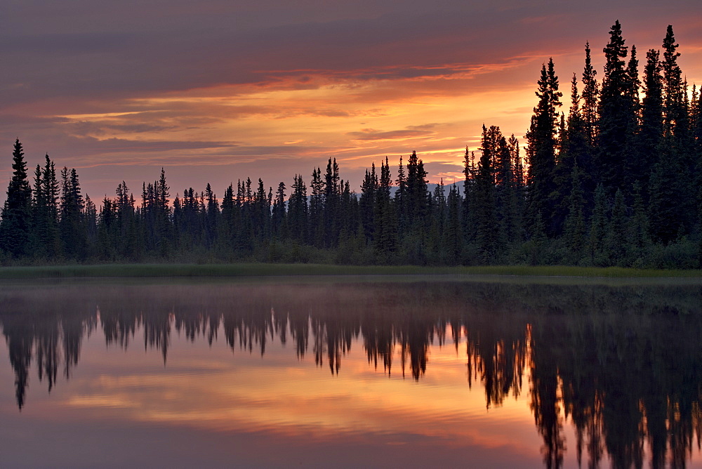 Sunset at an unnamed lake near Salmo Lake, Alaska Highway, Yukon Territory, Canada, North America