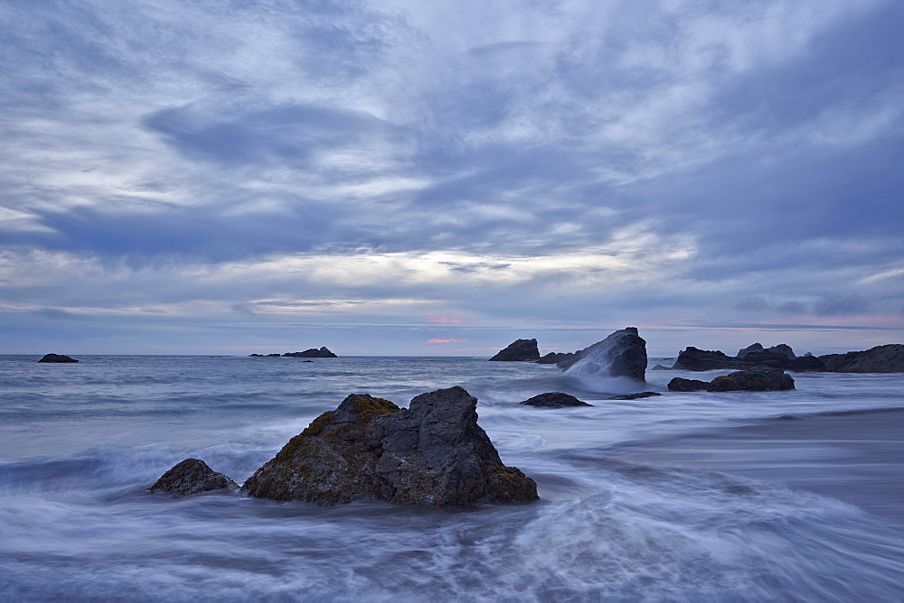 Rocks in the surf at sunset, Harris Beach State Park, Oregon, United States of America, North America