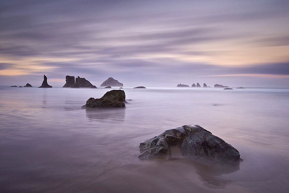 Rocks and sea stacks at dawn, Bandon Beach, Oregon, United States of America, North America