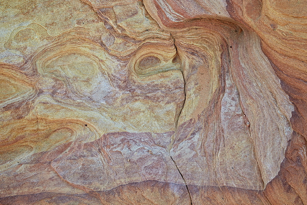 Patterns in yellow, orange, and purple sandstone, Valley of Fire State Park, Nevada, United States of America, North America