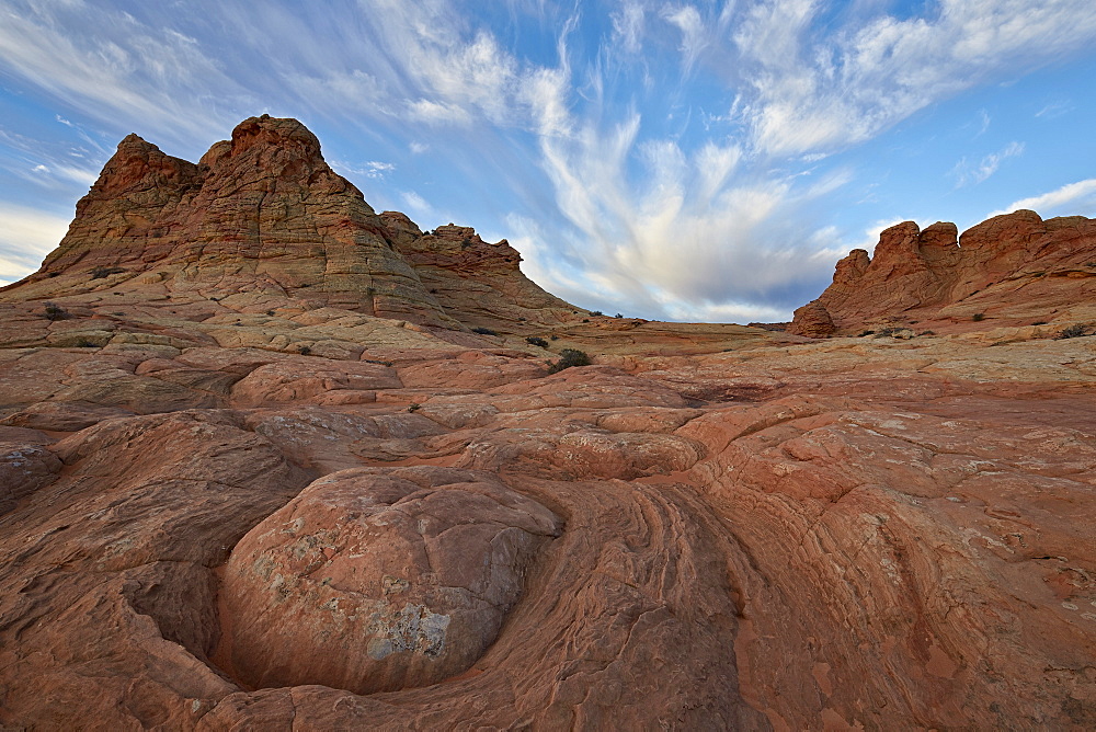 Sandstone formations with clouds, Coyote Buttes Wilderness, Vermilion Cliffs National Monument, Arizona, United States of America, North America