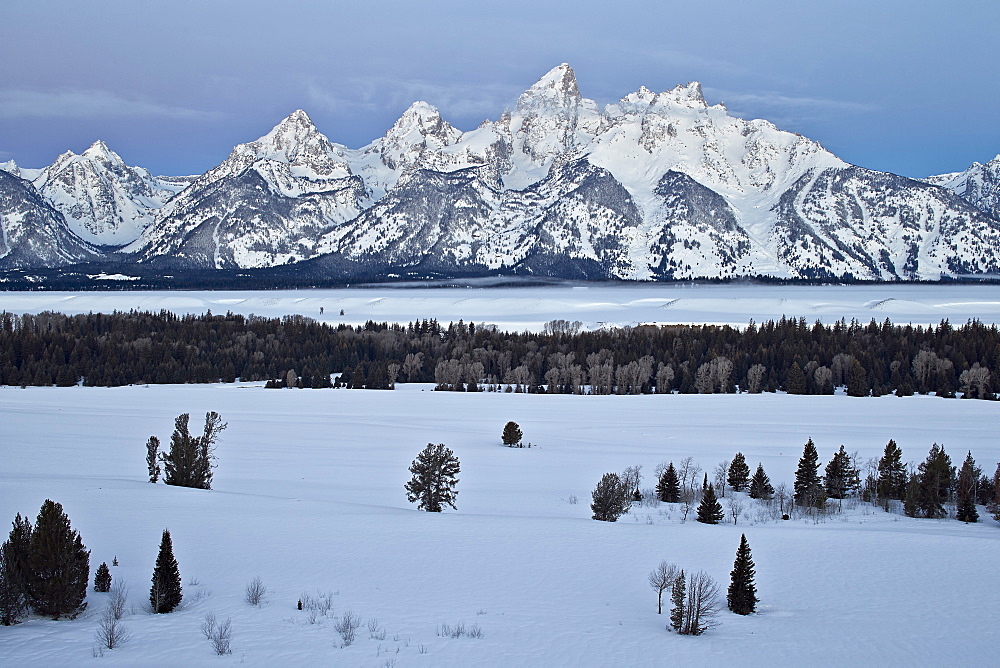 Teton Range at dawn in the winter, Grand Teton National Park, Wyoming, United States of America, North America